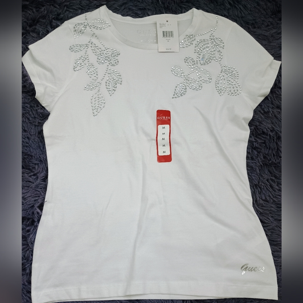 Guess White Silver Leaf Embellished Tee
